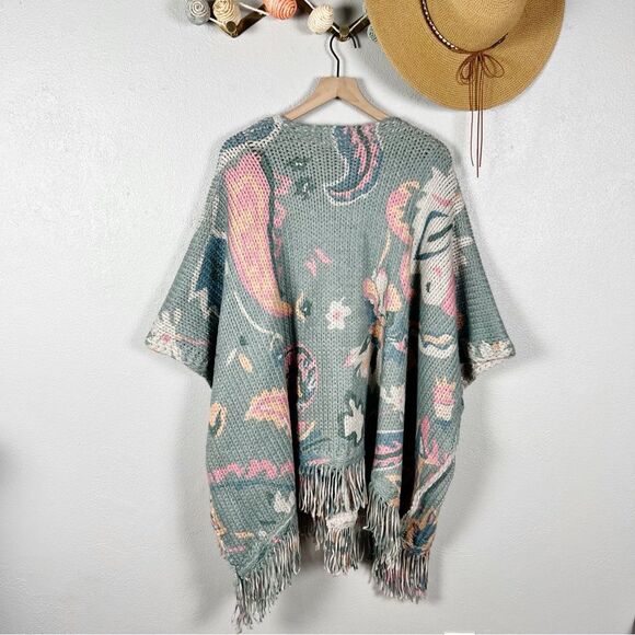 Anthropologie Floral Braided Knit Tassel Sweater Kimono in Gray Motif Size OS - Picture 5 of 9